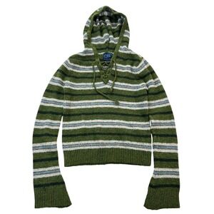 2000s Y2K Weather Vane Striped Lace Up Hoodie Green White Blue Acrylic Womens S